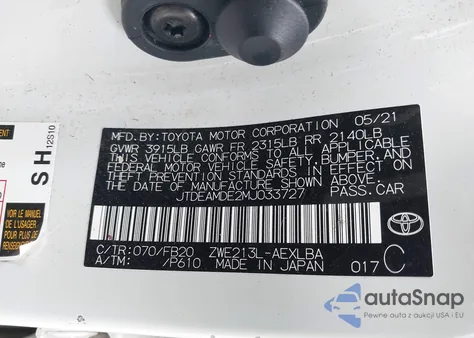 2021 Toyota Corolla Hybrid Le z USA, uszkodzony, nr VIN JTDEAMDE2MJ033727